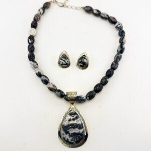 Jay King Necklace Earrings Set Black White Sterling Silver Beaded 925 Zebra
